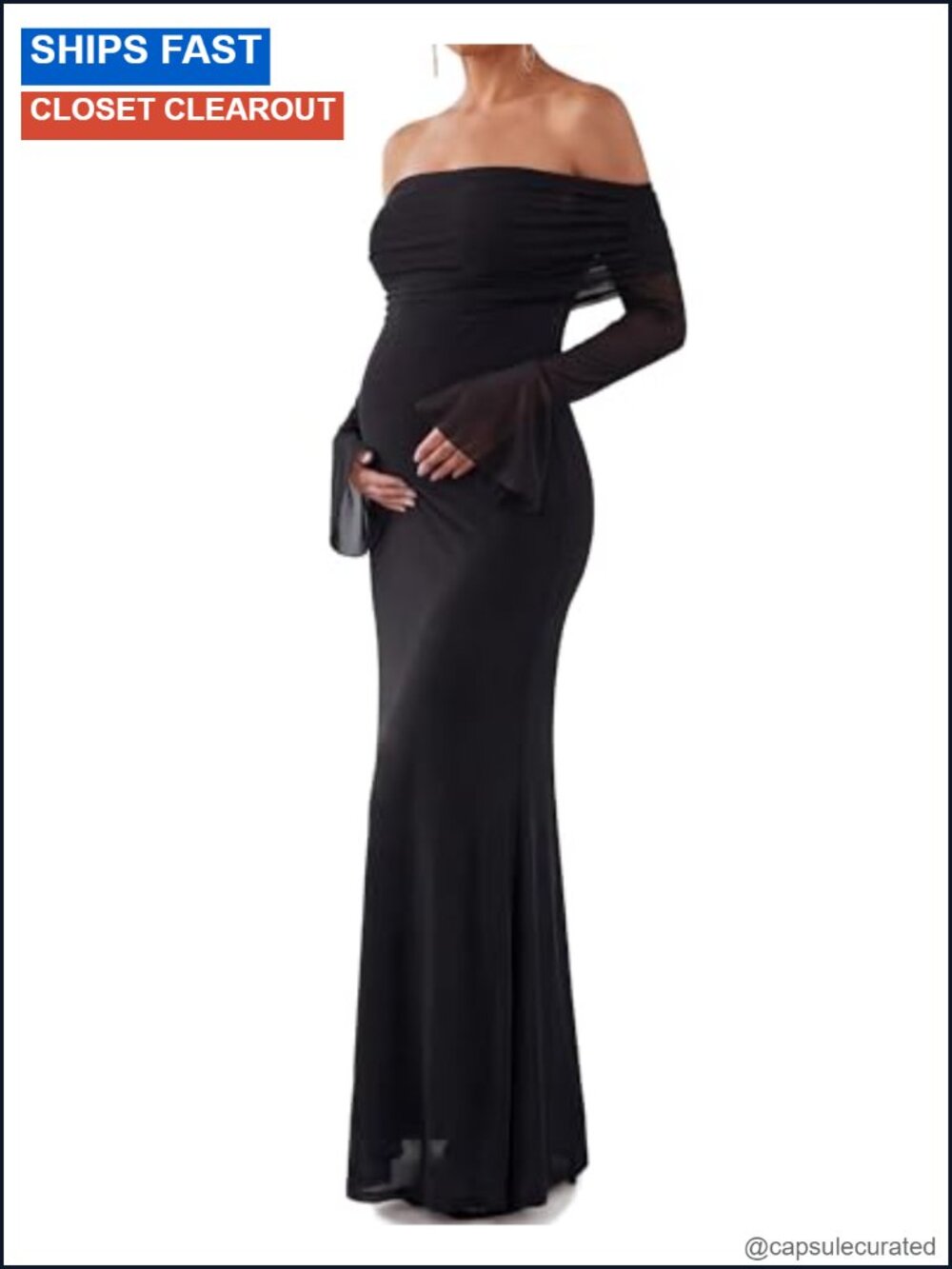 Maternity Off Shoulder Long Sleeve Maxi Dress Bodycon Baby Shower Formal